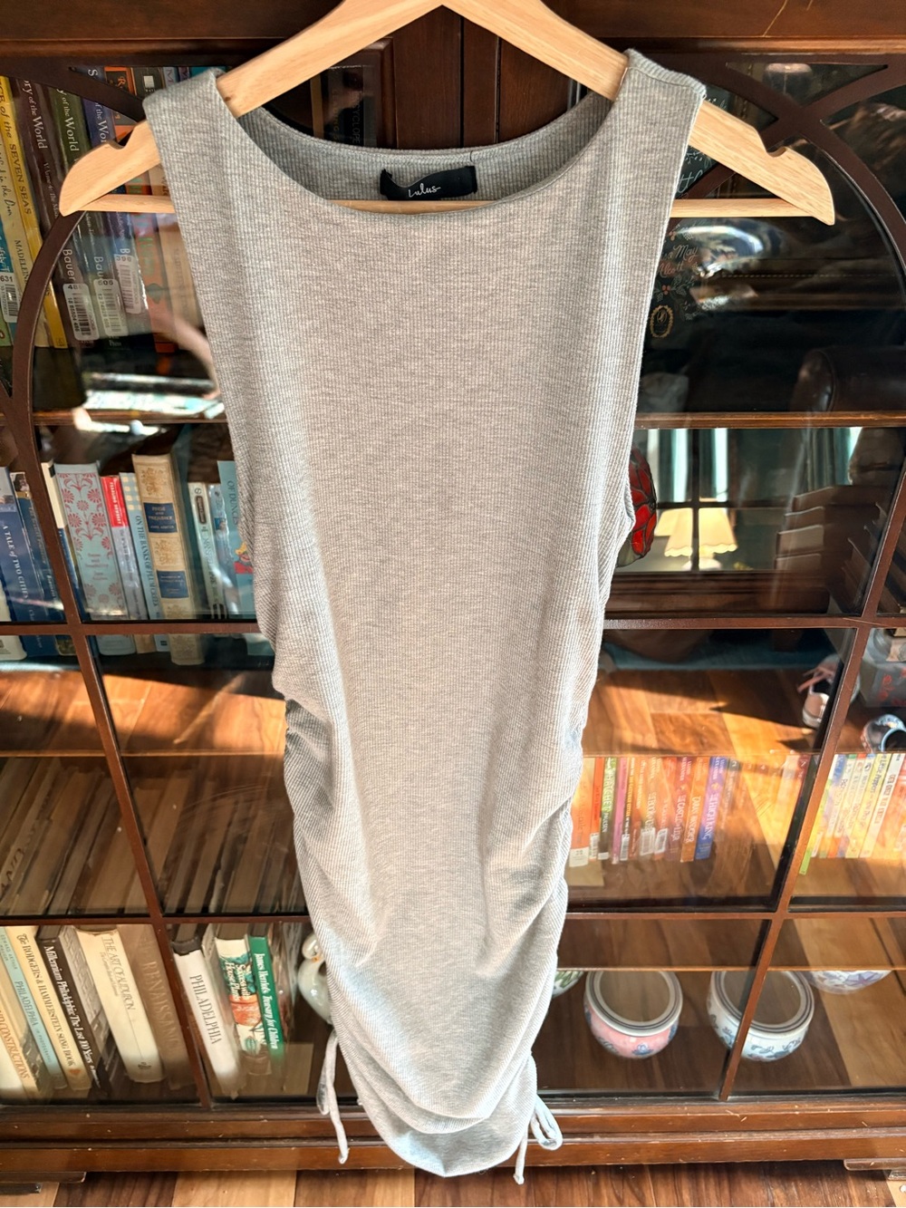 Lulu’s Over and Over Light Grey Ribbed Drawstring Ruched Bodycon Dress - Picture 2 of 5